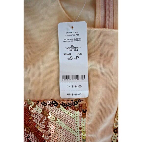 bebe Women's Sz Small Rose Gold Geo-Sequin Blocked Mini Body Con Dress - Picture 4 of 11